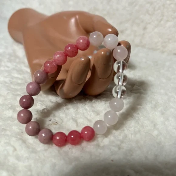 Bracelet 8,5mm Rose Quartz, Clear Quartz, Rhodonite , Rhdochrosite - Picture 5 of 8